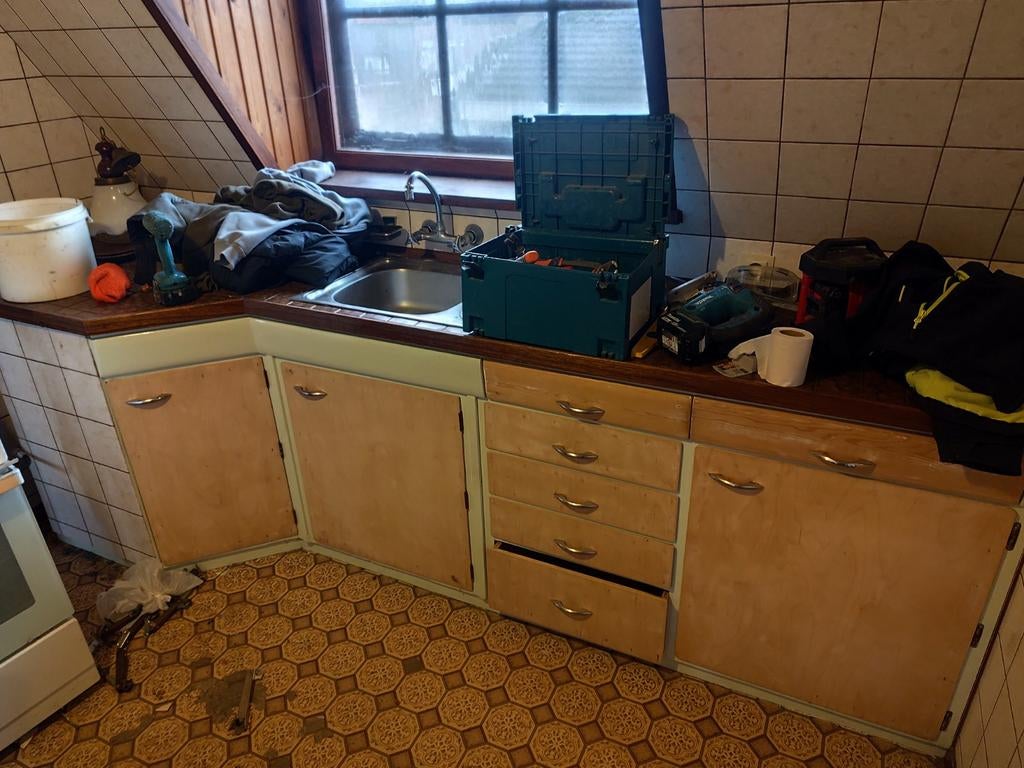 Retro Keuken met Spoelbak en Lades, Ophalen, Gebruikt, 100 tot 150 cm, Overige houtsoorten