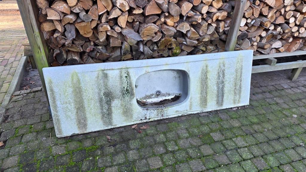 Granieten keukenblad met stalen spoelbak, Ophalen, Gebruikt, 150 tot 200 cm, Minder dan 100 cm