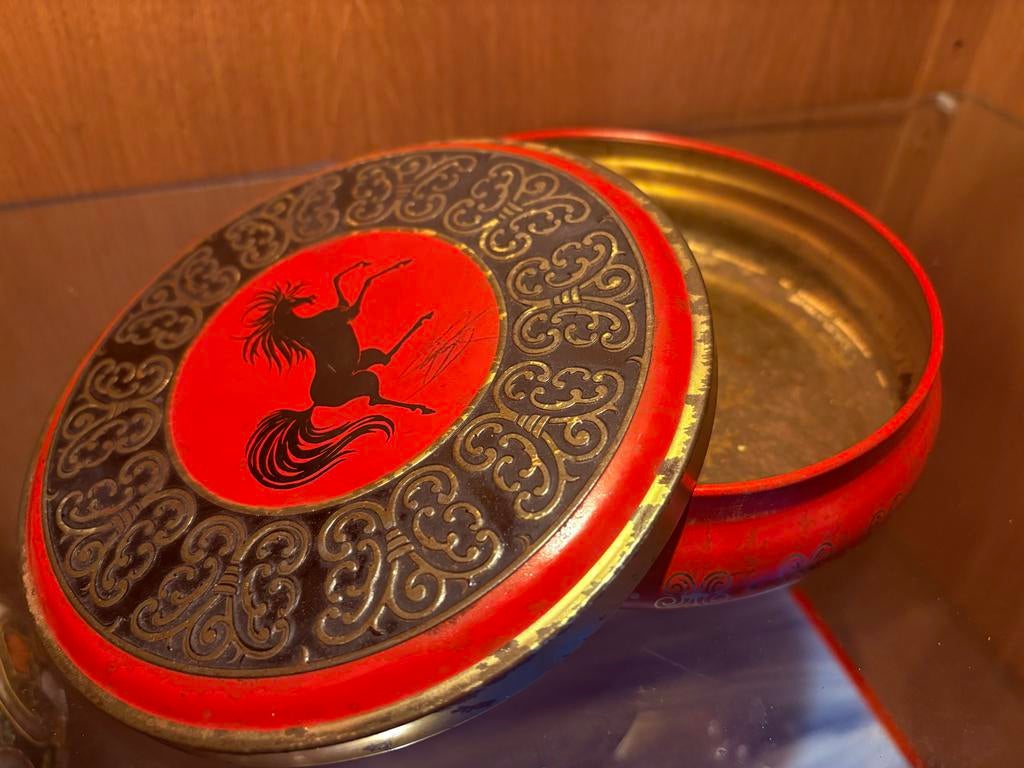 Vintage Blik Beschilderde Koektrommel met Paard, Ophalen of Verzenden, Gebruikt