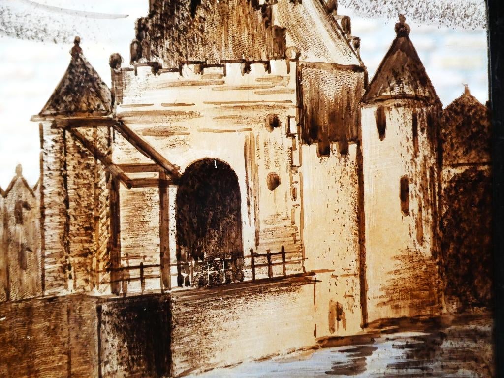 Glas in lood raamhanger met poort / kasteel gebrandschilderd, Ophalen of Verzenden