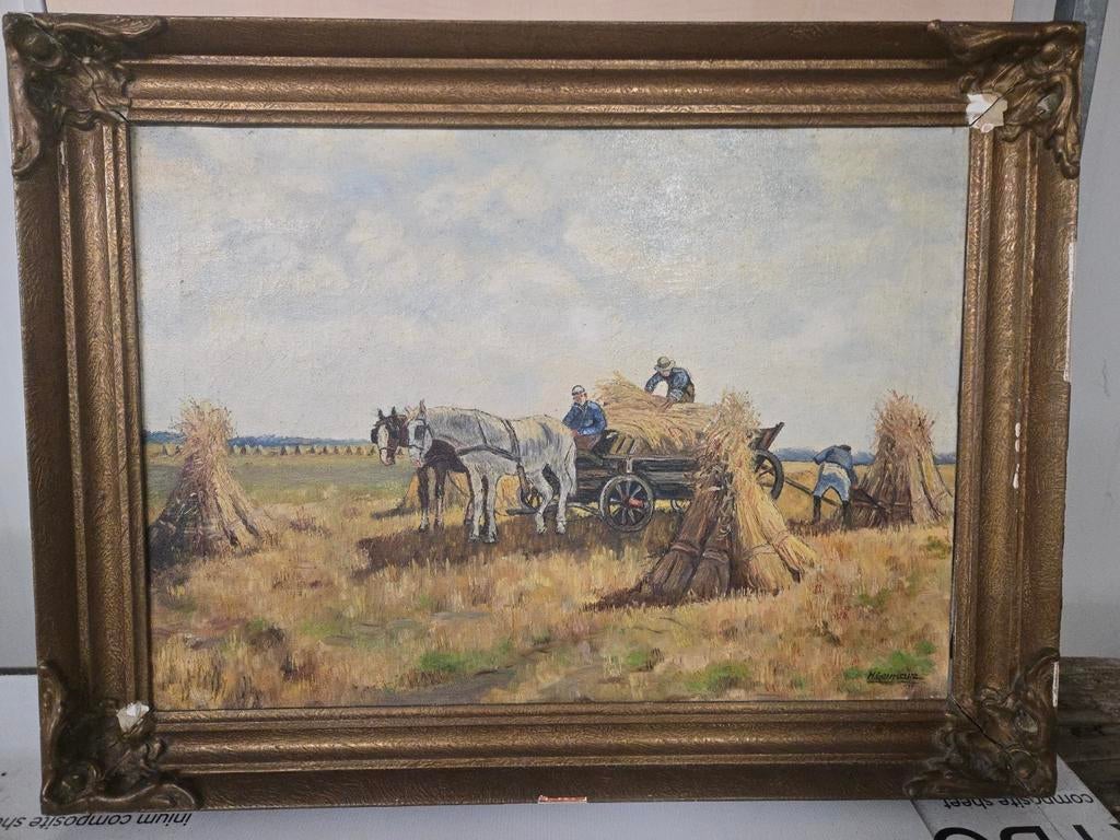 Olieverf schilderij van paard&wagen. Gesigneerd H.Germain, Antiek en Kunst, Ophalen