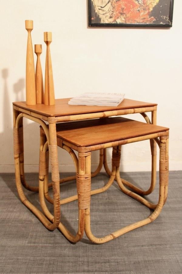 Rotan vintage jaren 60 bijzettafeltjes - mid century design, Ophalen