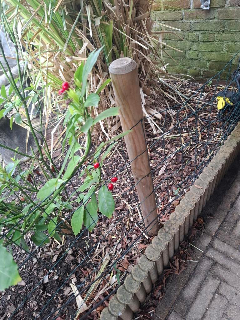 Tuinhek met houten paaltjes en gaas, Tuin en Terras, Ophalen of Verzenden, Gebruikt, Hout, Tuinhek