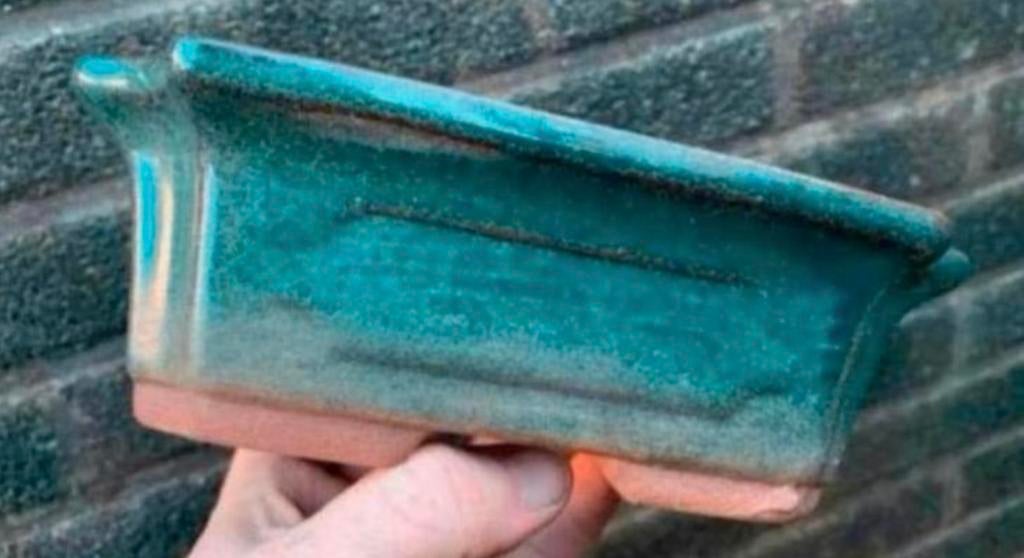 Bonsai schaal blauw-groen geglazuurd aardewerk 19,2x14,2x6,6, Tuin en Terras, Bloempotten, Ophalen of Verzenden, Zo goed als nieuw