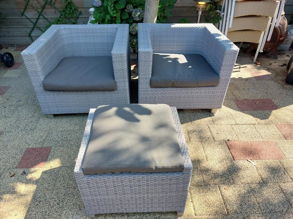 Loungeset 2 stoelen plus hocker  met all weather kussens, Stoel, Zo goed als nieuw, Loungeset, Wicker