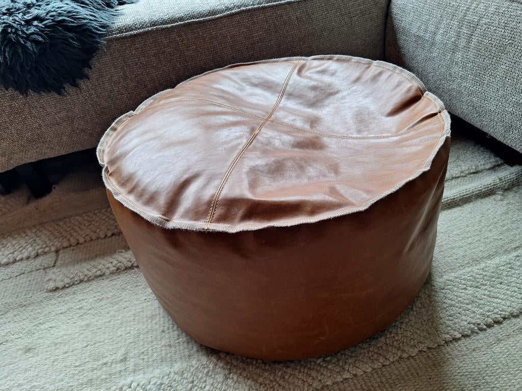 Leren poef, Ophalen of Verzenden, Rond, Minder dan 50 cm, Minder dan 50 cm