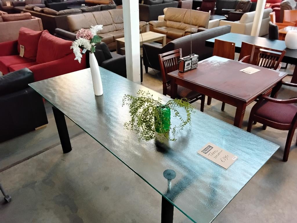 Tafel, glas 225 x 85cm. 2e paasdag geopend. Second Life W'ga, Ophalen, 200 cm of meer, 50 tot 100 cm, Vier personen