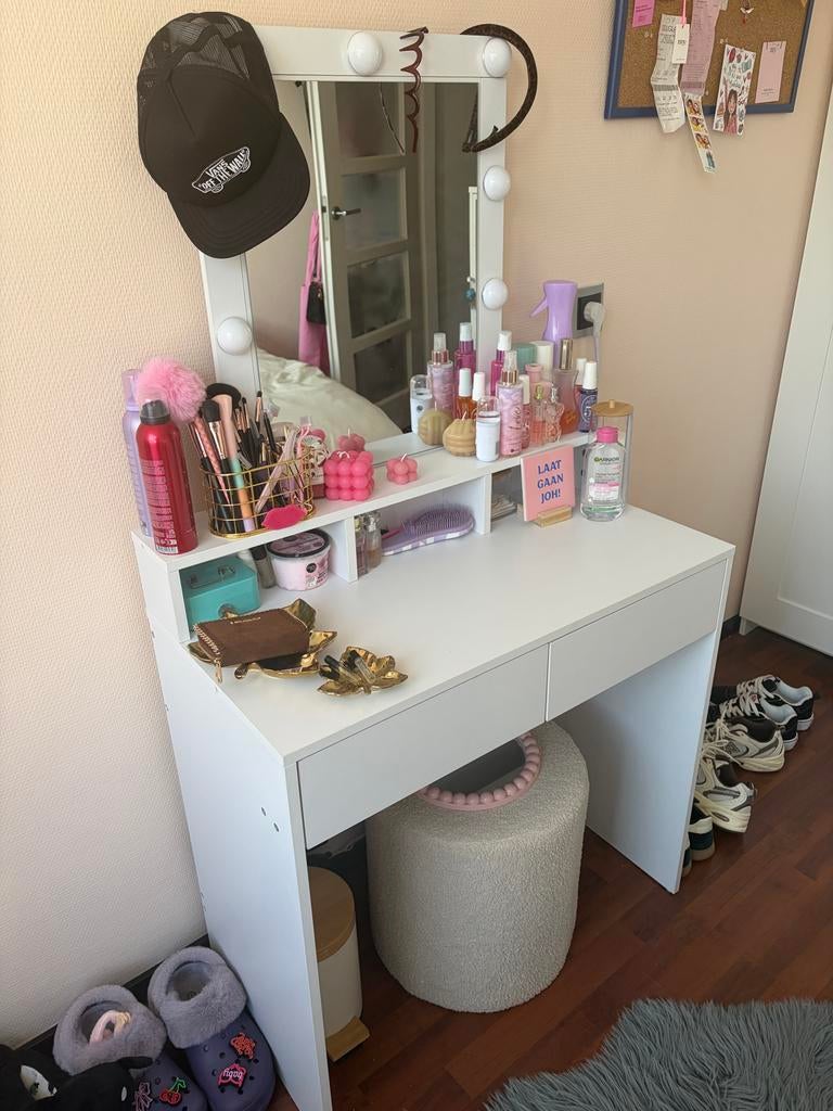 Make-up tafel met spiegel en verlichting, Ophalen, Gebruikt, 100 tot 150 cm, 50 tot 100 cm