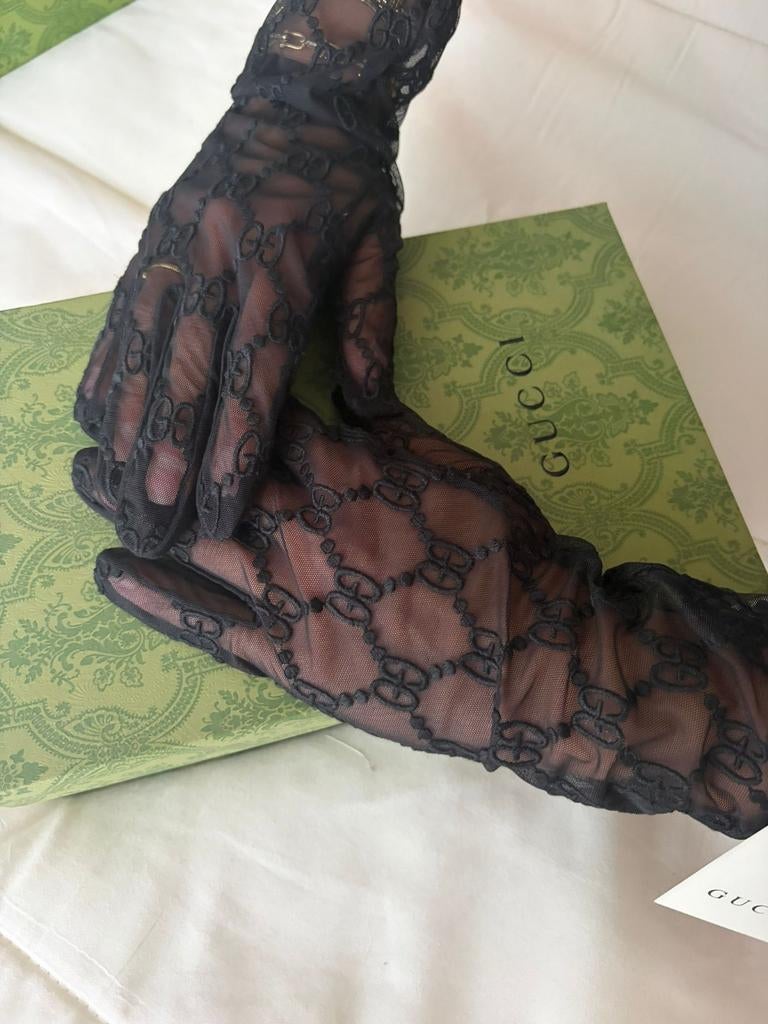 Gucci GG Monogram Kanten Handschoenen Zwart, Maat 38/40 (M), Nieuw, Ophalen of Verzenden, Gucci