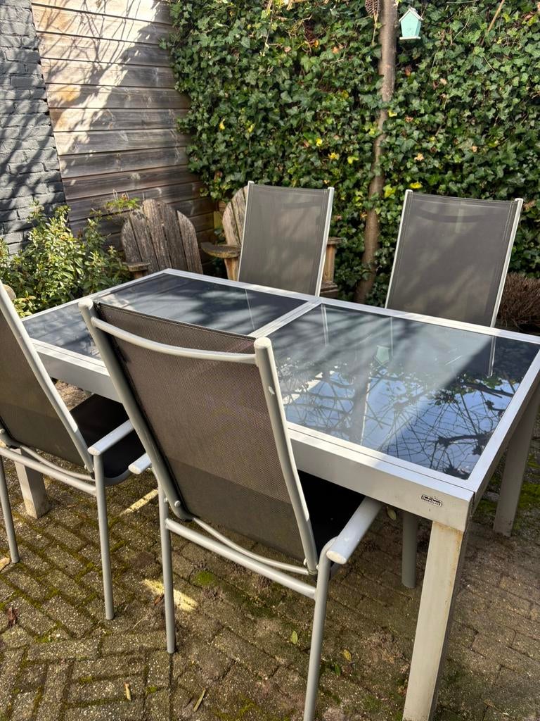 Tuinset Tafel en 4 stoelen, Tuin en Terras, Tuinsets en Loungesets, Ophalen, Gebruikt, Aluminium