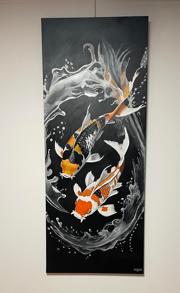 Met acryl hand geschilderde Koikarpers 55x140, Ophalen of Verzenden