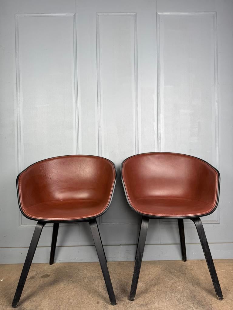 4 lederen HAY About A Chair AAC23 design stoelen, Bruin, Ophalen of Verzenden, Vijf, Zes of meer stoelen, Leer