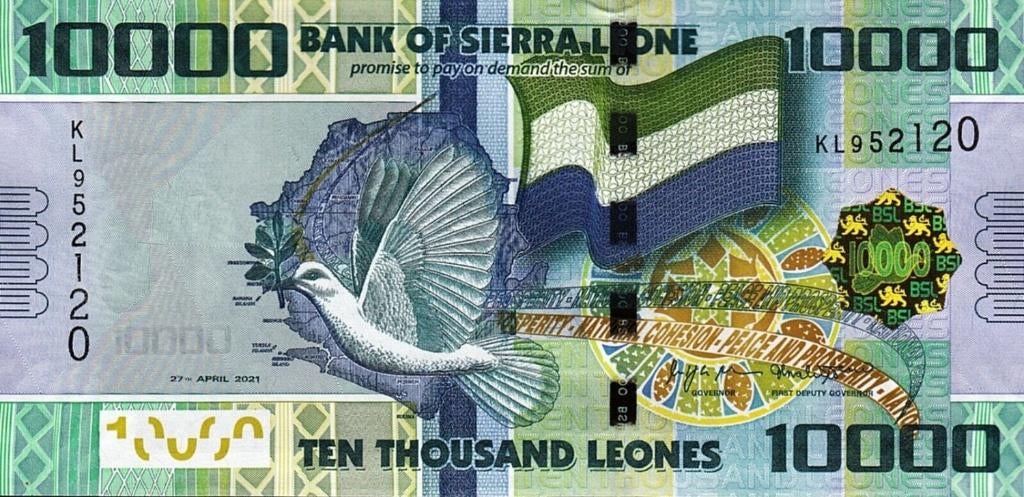 Sierra Leone bankbiljet 10.000 Leones Pigeon, Flag 2021 UNC, Ophalen of Verzenden, Overige landen, Los biljet