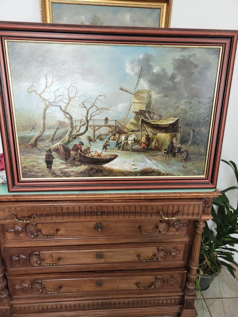 Antiek Schilderij: Hollands Winterlandschap met Molen, Antiek en Kunst, Kunst | Schilderijen | Klassiek, Ophalen