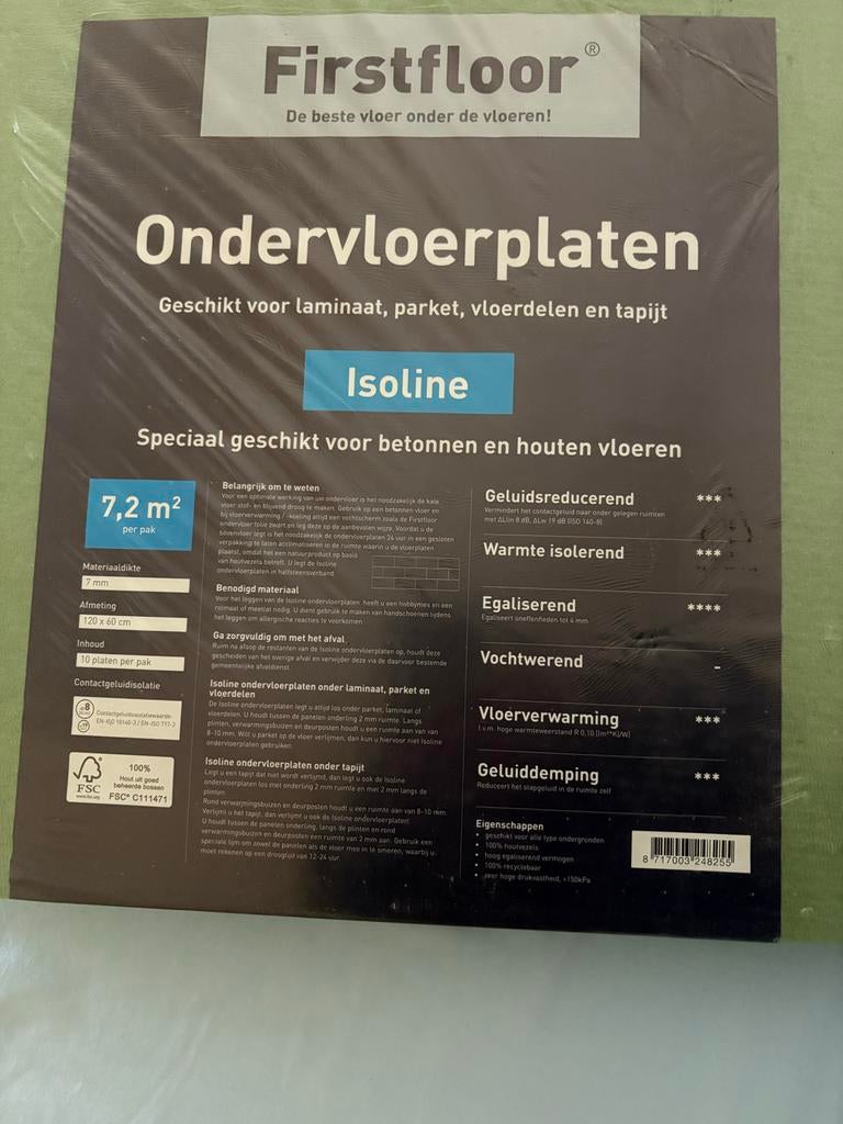 Firstfloor Isoline Ondervloerplaten - 10 stuks (7,2 m²), Ophalen, Nieuw, 75 m² of meer, Laminaat