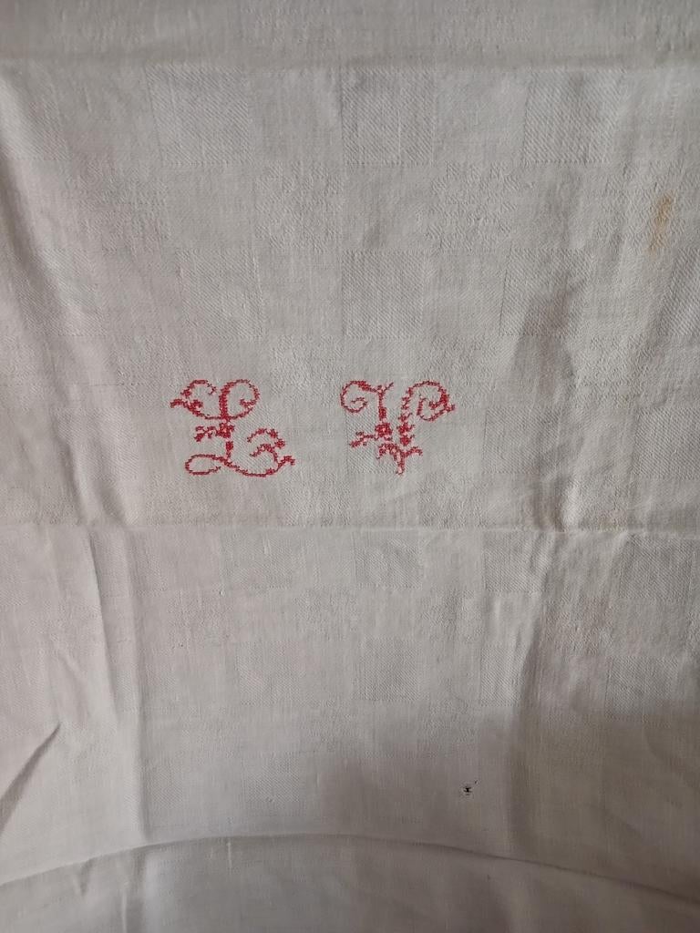 Franse grote servetten 6 stuks of theedoeken met monogram, Ophalen of Verzenden, Gebruikt, Rechthoek