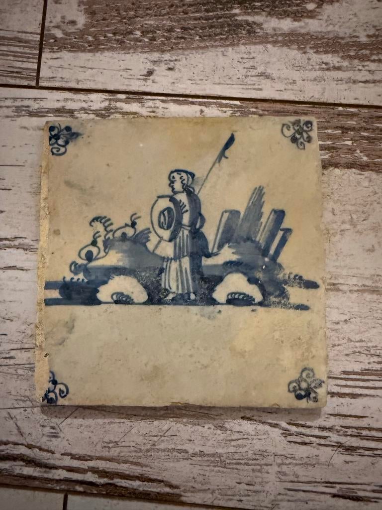 Antieke 17e eeuwse tegel met herder, Ophalen of Verzenden