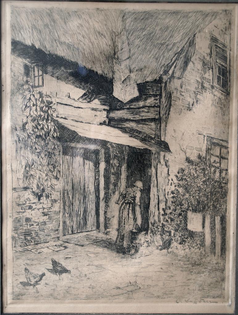 gravure, Chr Snijders, hollandse boerin bij boerderij,lijst., Ophalen of Verzenden