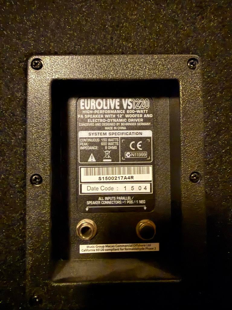 Behringer Eurolive VS1220 Speaker - 600 Watt - 2 stuks!, Gebruikt, 120 watt of meer, Front, Rear of Stereo speakers, Ophalen