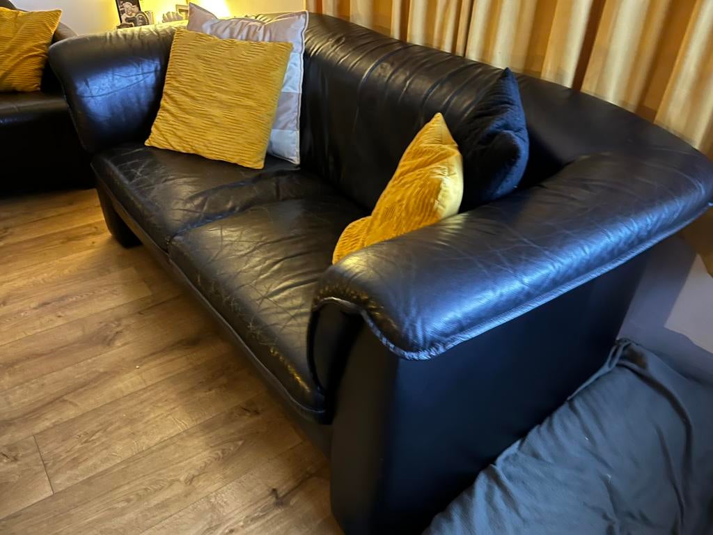 Bank zwart echt leer, Gebruikt, 150 tot 200 cm, Tweepersoons, Ophalen of Verzenden