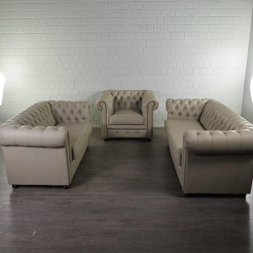 22123 Chesterfield Bankstel PU-Leder Zand, Huis en Inrichting, Banken | Bankstellen, Nieuw, Rechte bank, Overige maten, 150 tot 200 cm