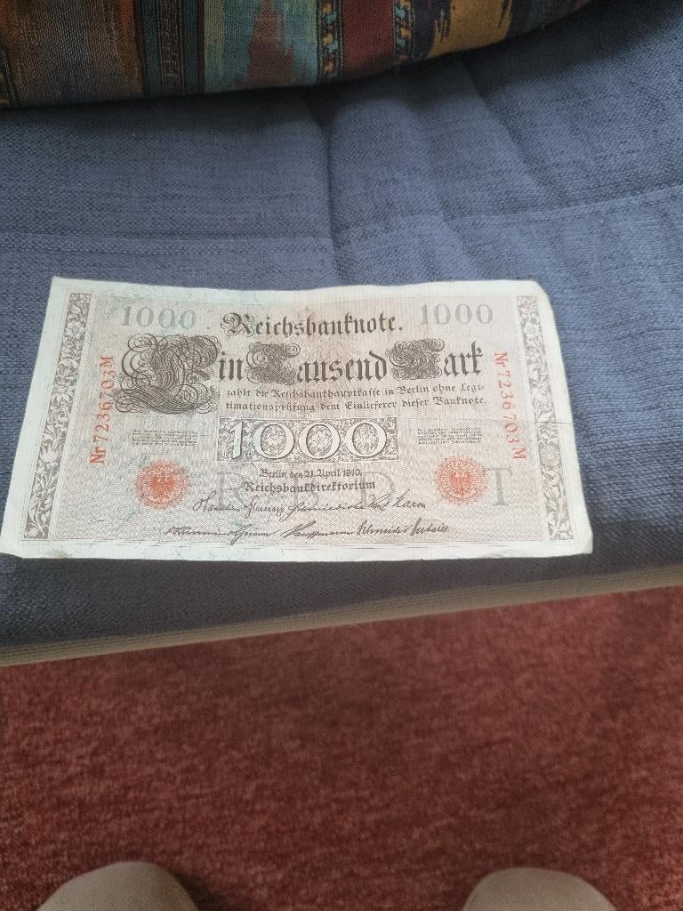 Duitsland: 1000 Mark bankbiljet uit 1910 met vouw overmidden, Postzegels en Munten, Bankbiljetten | Europa | Niet-Eurobiljetten
