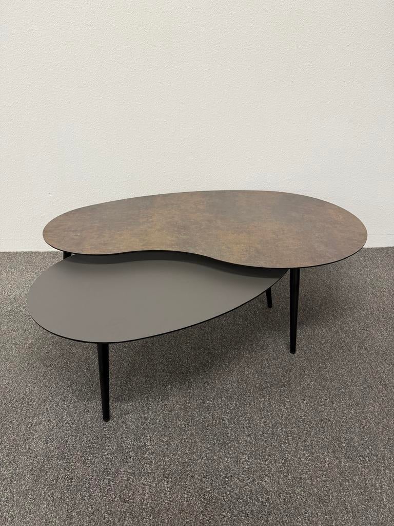 Yin & Yang salontafels HPL Roest & Antraciet - 10% Korting, Huis en Inrichting, Tafels | Salontafels, 100 tot 150 cm, Zo goed als nieuw