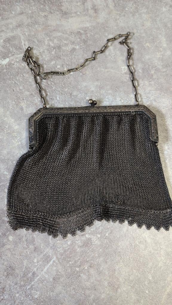 Vintage Beugeltasje Jaren '20 Malienkolder Alpacca Zilver, Ophalen of Verzenden, Gebruikt, Grijs, Avondtasje