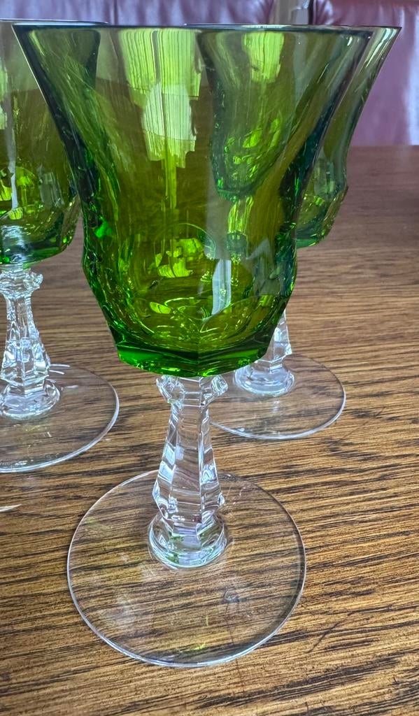 Val St Lambert 6 smaragdgroen kristallen glazen groene kelk, Verzamelen, Ophalen of Verzenden, Zo goed als nieuw, Kristal