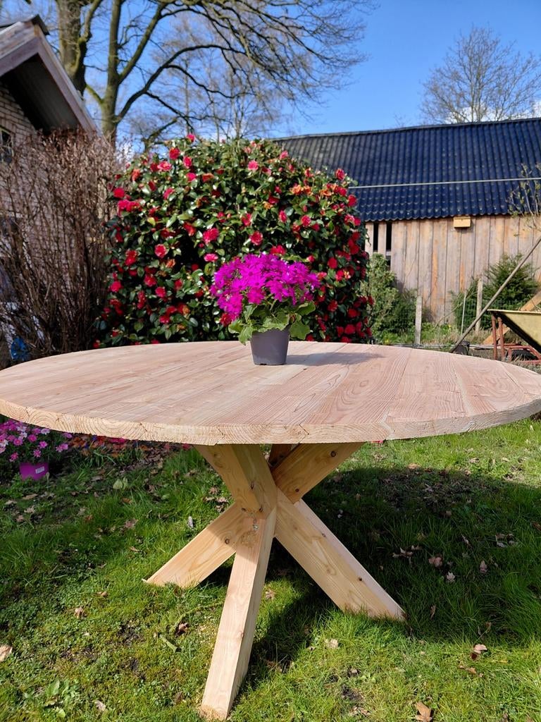 Zeer mooie ronde tuintafel | massief | matrix poot | Ø150cm, Ophalen, Zo goed als nieuw, Rond, Hout