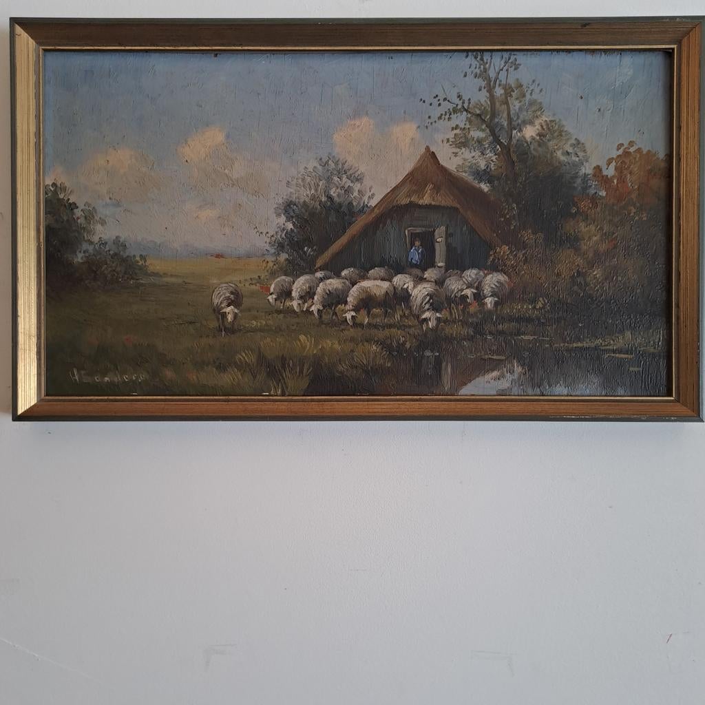 Schilderij 'Schapen op de Hei' van H Sanders, Antiek en Kunst, Ophalen of Verzenden