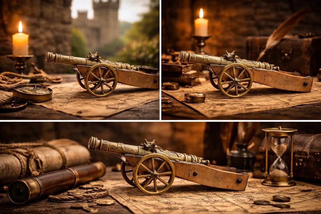 Antiek miniatuur kanon van messing en hout, Ophalen of Verzenden