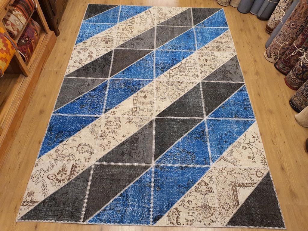 Vintage handgeknoopt oosters tapijt patchwork 300x200, Info@SlatsAntiek.nl, Tweedehands, 200 cm of meer, Crème