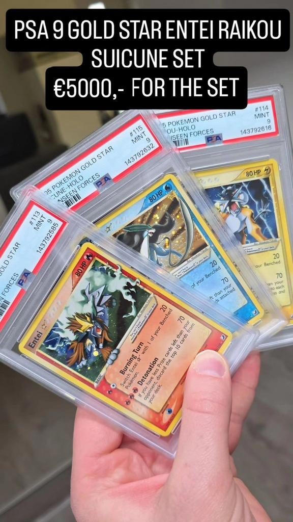 PSA 9 MINT Suicune Entei & Raikou Gold Star Ex Unseen Forces, Ophalen of Verzenden, Zo goed als nieuw