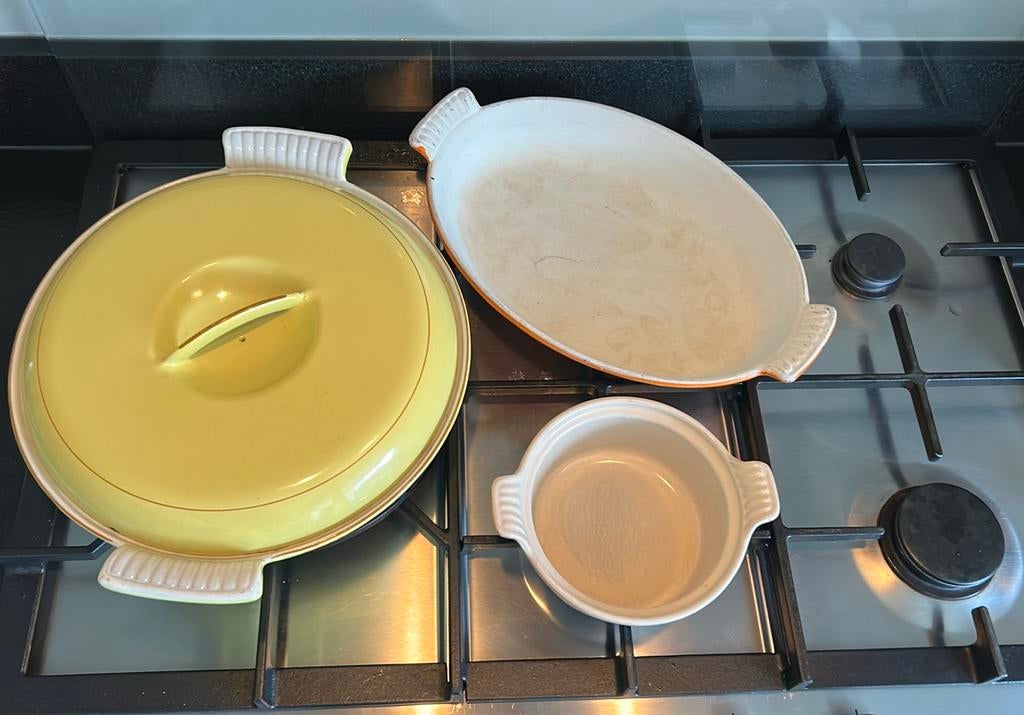 3 delig gietijzeren pannen schalen Creuset + Dru made in Hol, Ophalen, Zo goed als nieuw, Gietijzer, Koekenpan of Braadpan