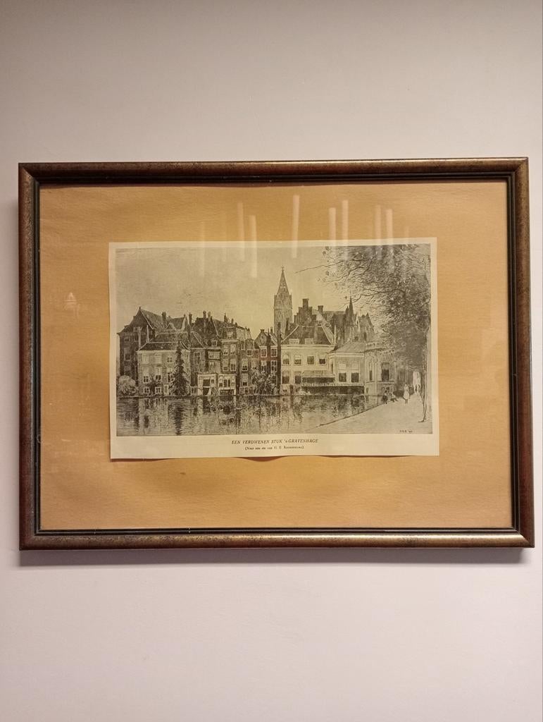Ets 'Een verdwenen stuk 's-Gravenhage' naar H.E. Roodenburg, Ingelijst, Ets, Stadsgezicht, Ophalen of Verzenden