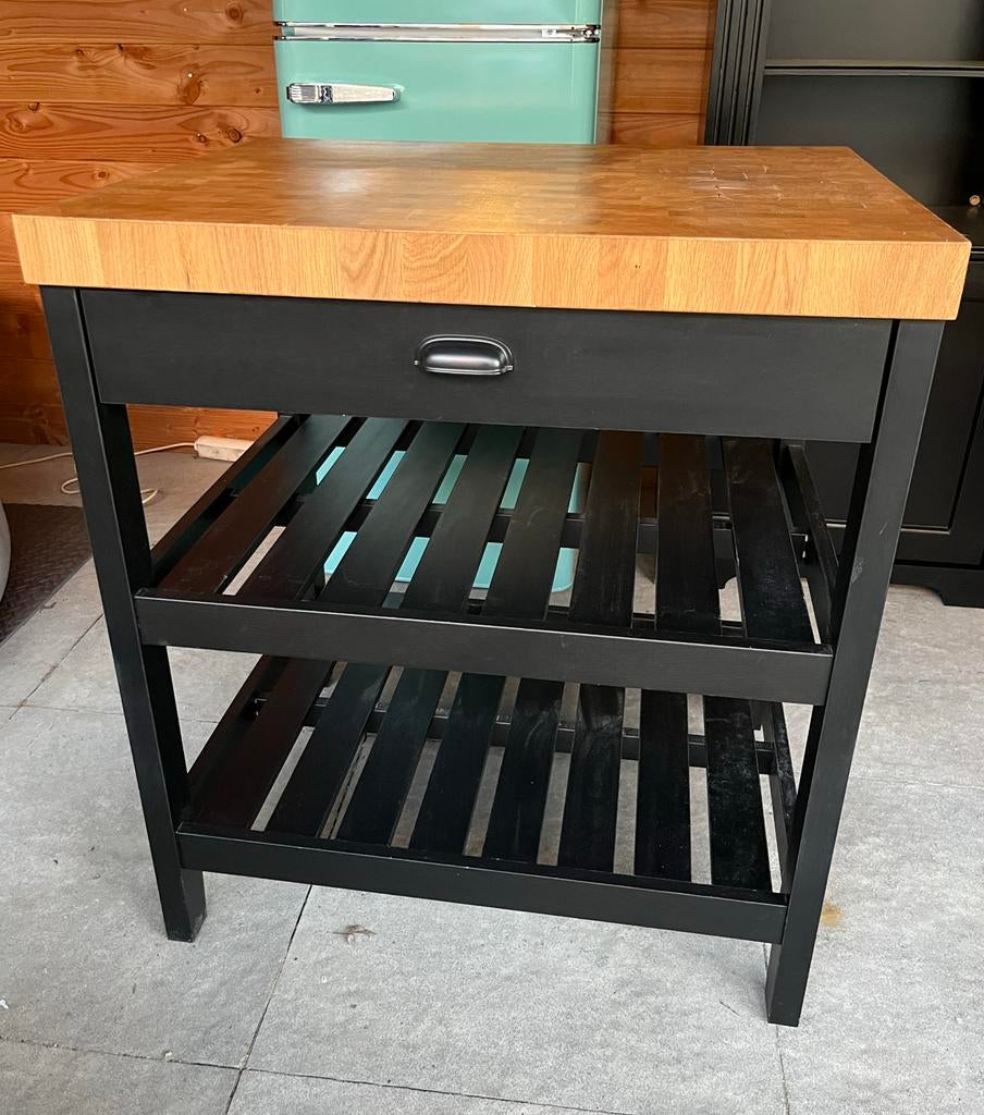 Ikea Vadholma keukeneiland zwart met eiken blad, Ophalen, Gebruikt, Zwart, 50 tot 100 cm