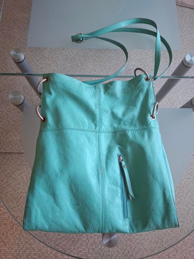 Turquoise leren schoudertas, Ophalen of Verzenden, Gebruikt, Blauw, Leer