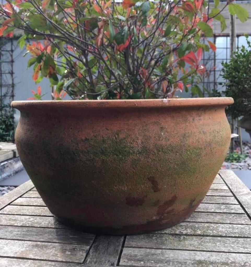 Oud Hollandse Terracotta bloempot 36cm uniek, Tuin en Terras, Bloempotten, 25 tot 40 cm, Gebruikt, Rond, Ophalen of Verzenden