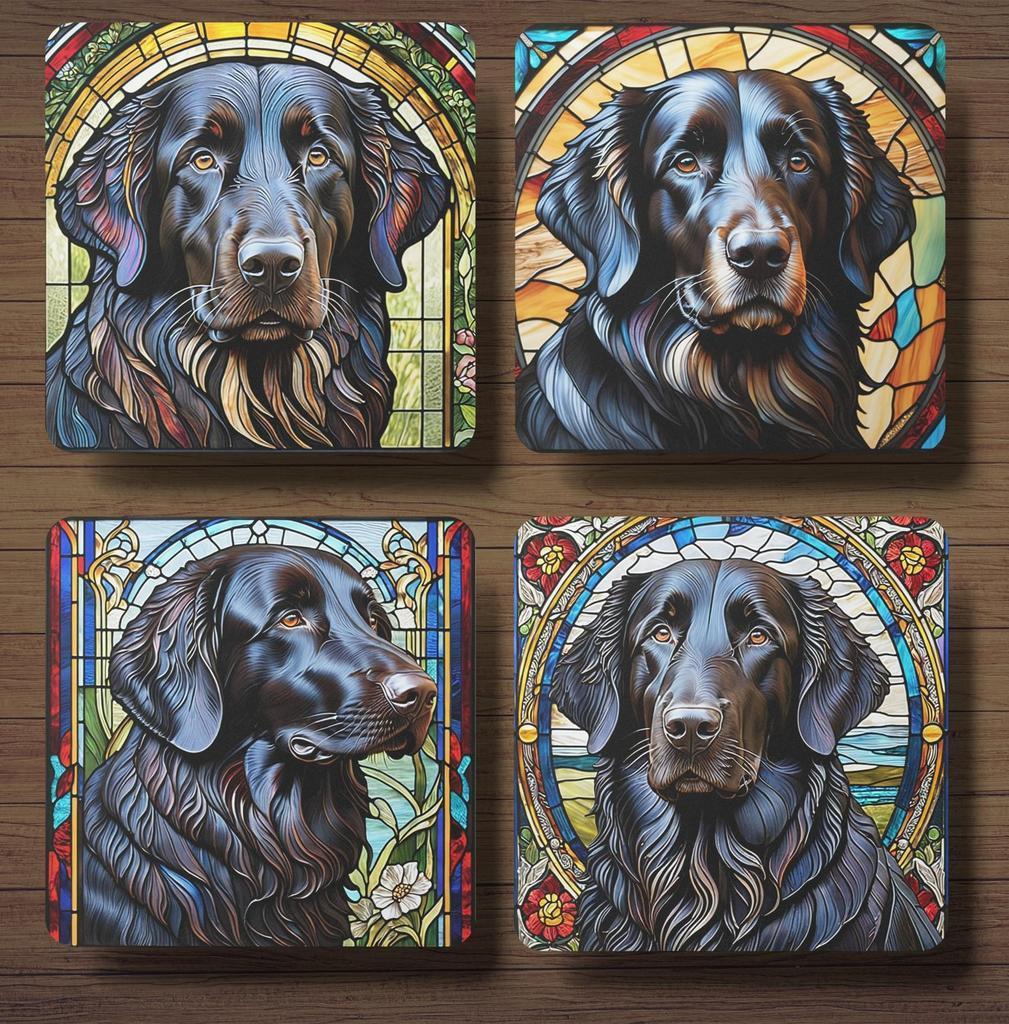 Flatcoated Retriever Glas in lood onderzetters met houder, Ophalen of Verzenden, Nieuw, Glas of Kopje