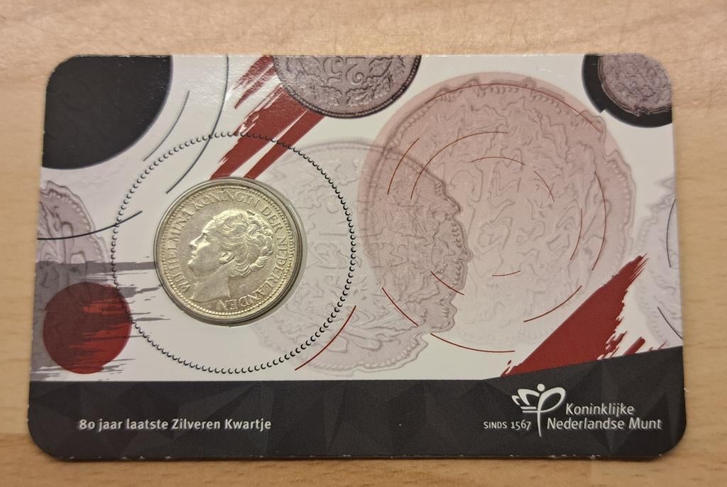 80 jaar laatste zilveren kwartje, Ophalen of Verzenden, Koningin Wilhelmina, 25 cent