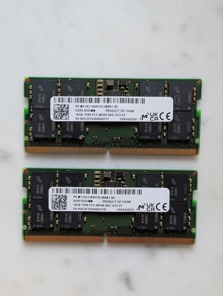 Laptop RAM 2x 16GB DDR5 SODIMM 4800MHz, Ophalen of Verzenden, Zo goed als nieuw, DDR5, Laptop