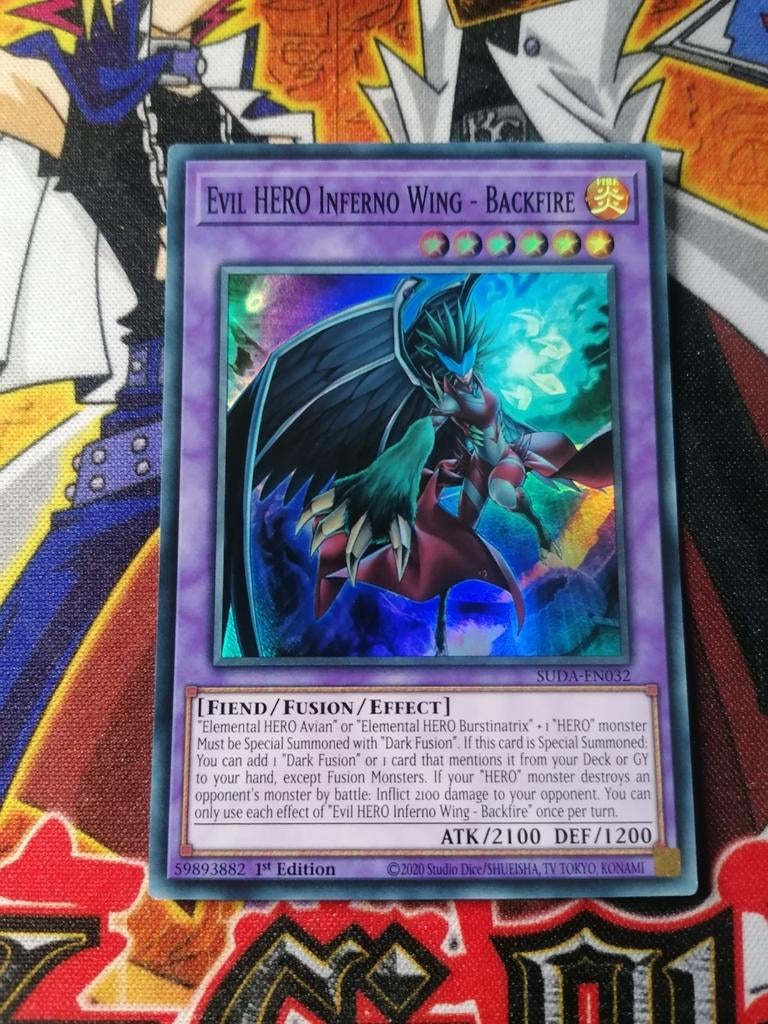 Evil HERO Inferno Wing Backfire - Super Rare SUDA - YGO, Ophalen of Verzenden, Zo goed als nieuw, Foil