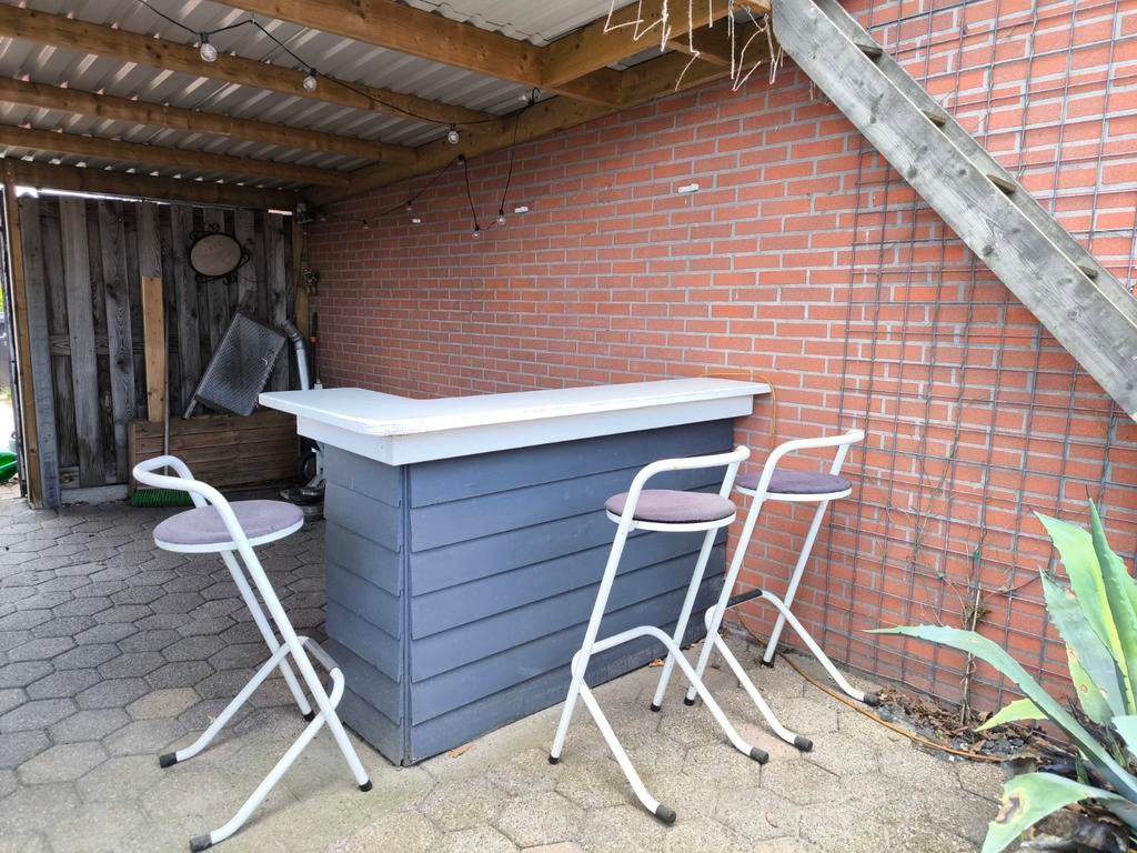 Bar met 5 barkrukken, Huis en Inrichting, Barren, Ophalen, Gebruikt, Inclusief barstoelen