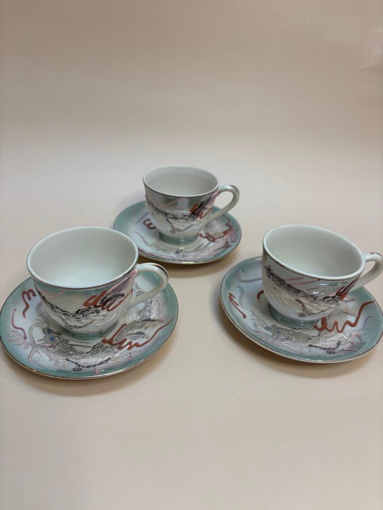 3 Vintage Japanse Kutani Moriage Dragonware Theekopjes, Ophalen of Verzenden