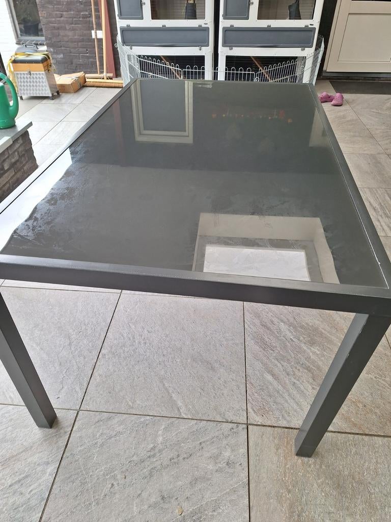 Tuintafel glazen plaat., Tuin en Terras, Tuintafels, Ophalen, Zo goed als nieuw, Rechthoekig, Aluminium