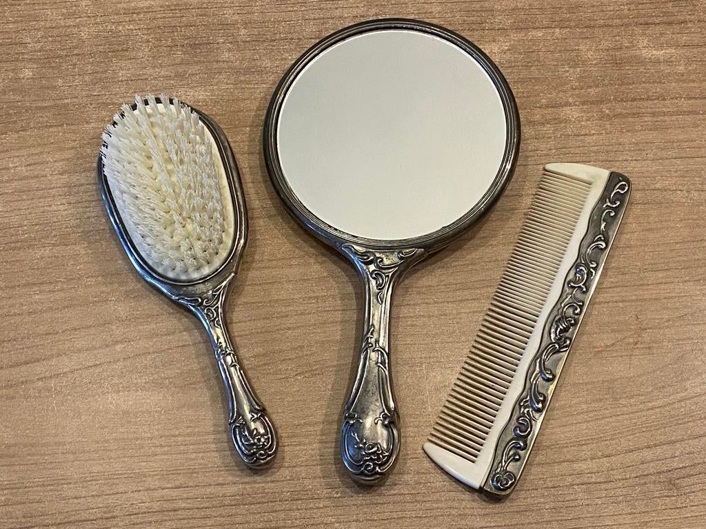 Antieke verzilverd Kapset met Spiegel  en Kam, Antiek en Kunst, Antiek | Goud en Zilver, Ophalen of Verzenden, Zilver