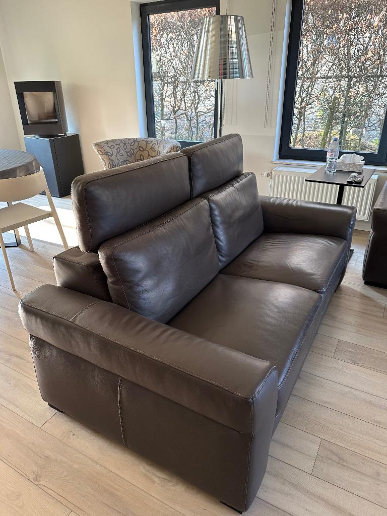 Mooi donkerbruin lederen salon, Huis en Inrichting, Banken | Bankstellen, Ophalen, Gebruikt, 150 tot 200 cm, Driepersoons
