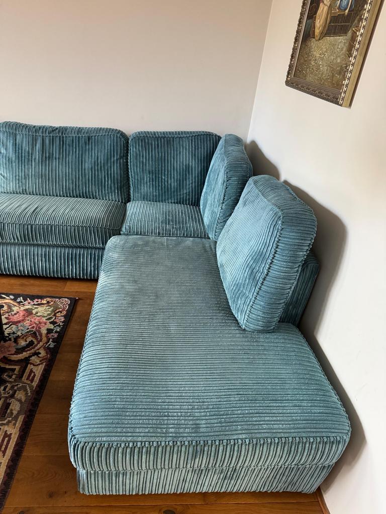 Blauwe rib hoekbank, Ophalen, Gebruikt, Stof