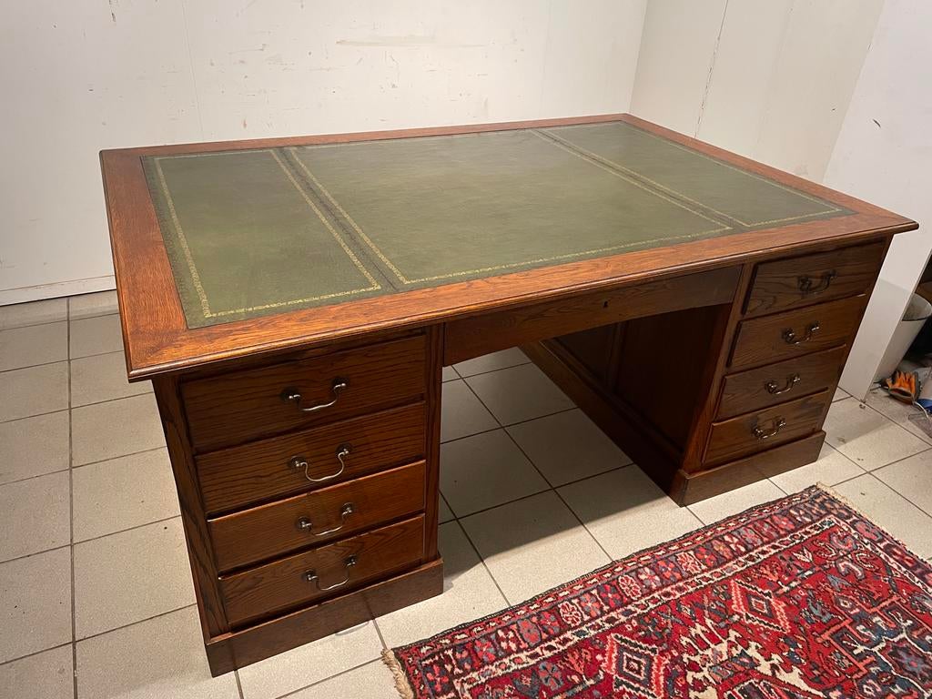 Eiken Engels partnerdesk met groen leren inleg, Antiek en Kunst, Antiek | Meubels | Tafels, Ophalen